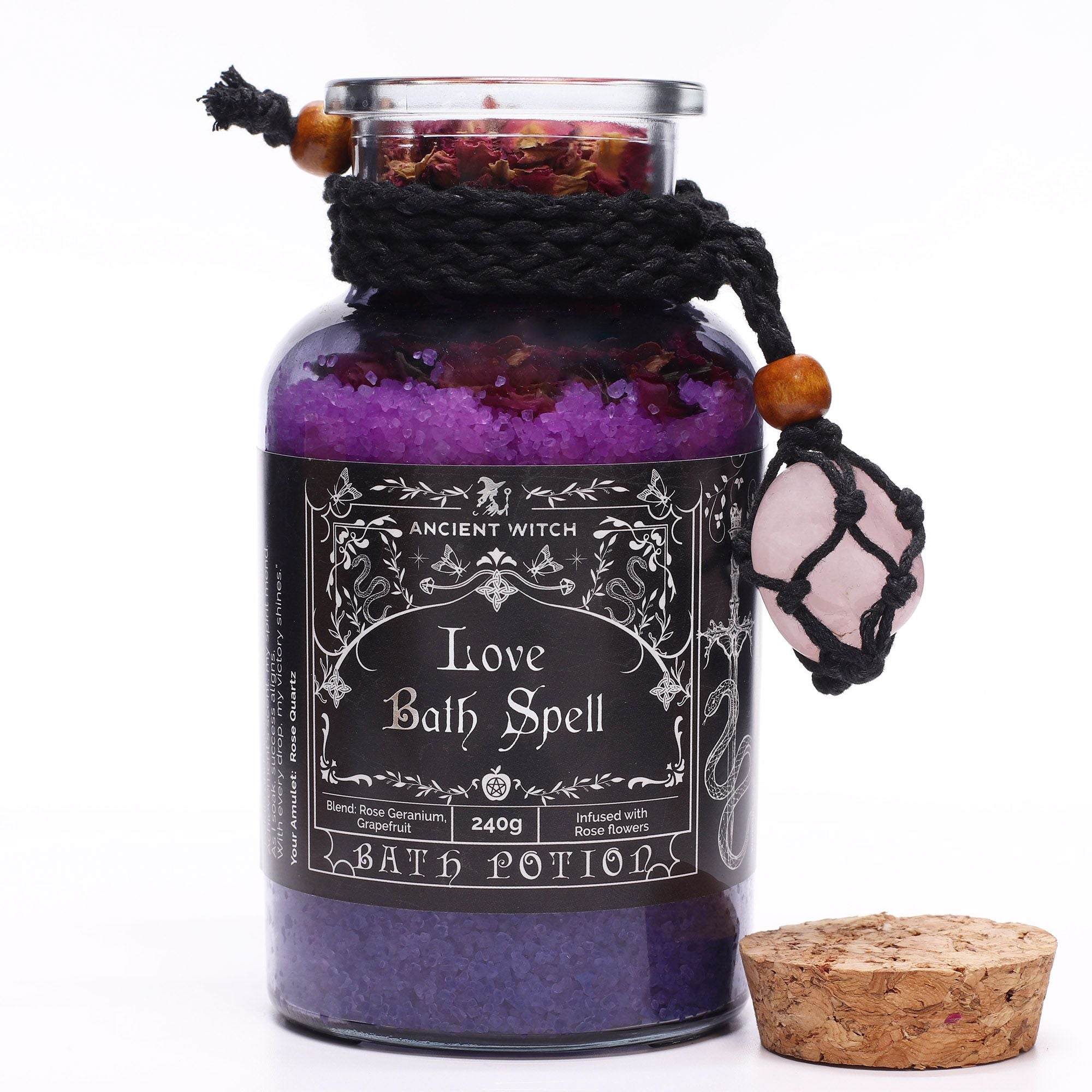 Ancient Witch Bath Spell Potion & Rose Quartz Crystal Amulet - Love